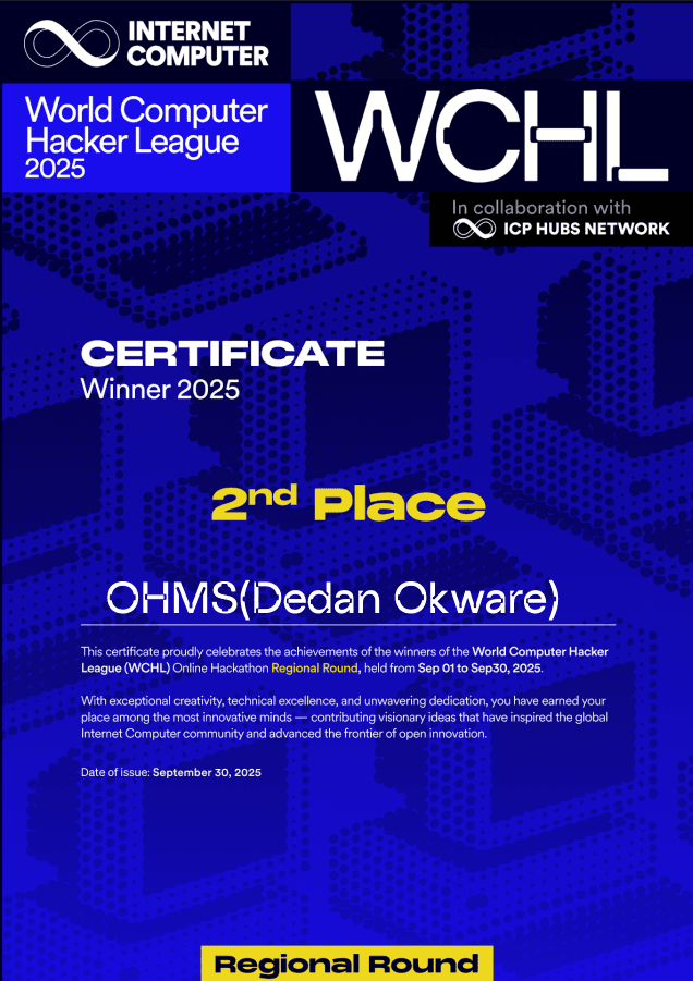 WCHL 2025 Regional Round certificate awarding 2nd place to OHMS by Dedan Okware